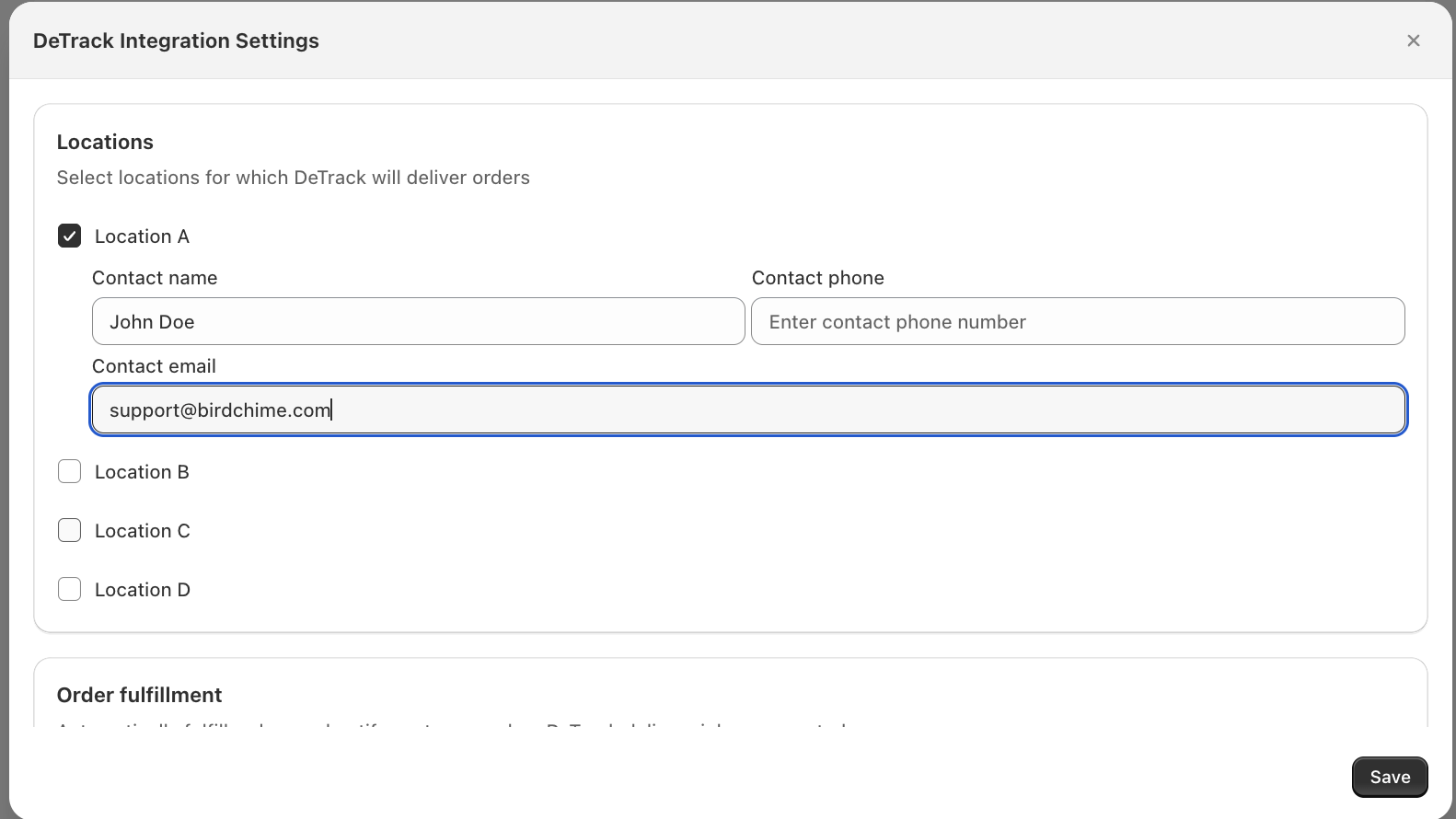 Locations panel with one location ticked, showing Contact name, Contact phone, and Contact email fields