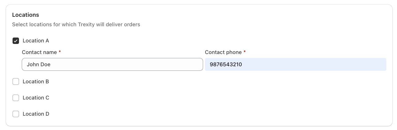 Shows a location ticked for Trexity with its contact name and phone filled in