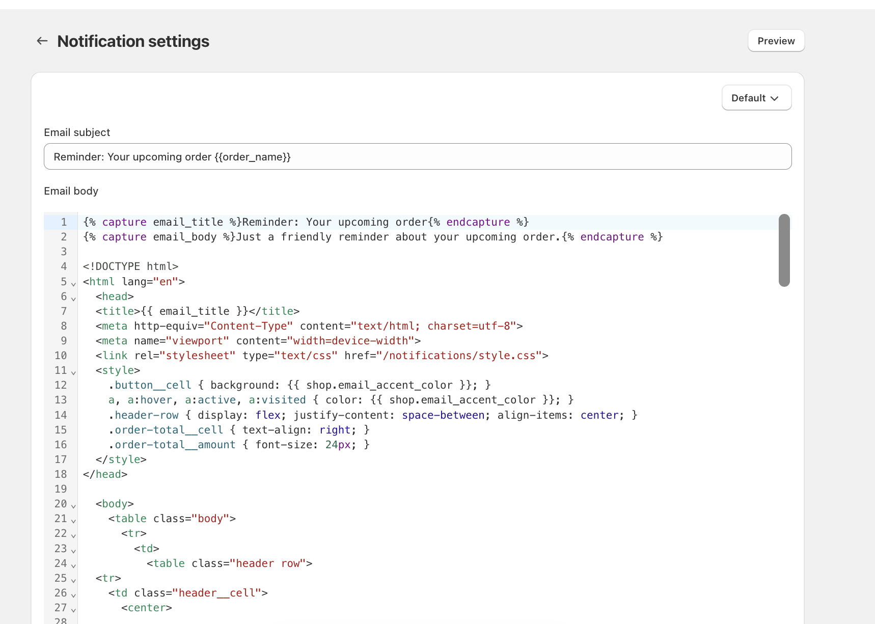 Order reminder email template editor with the Email subject and Email body fields and the Preview button