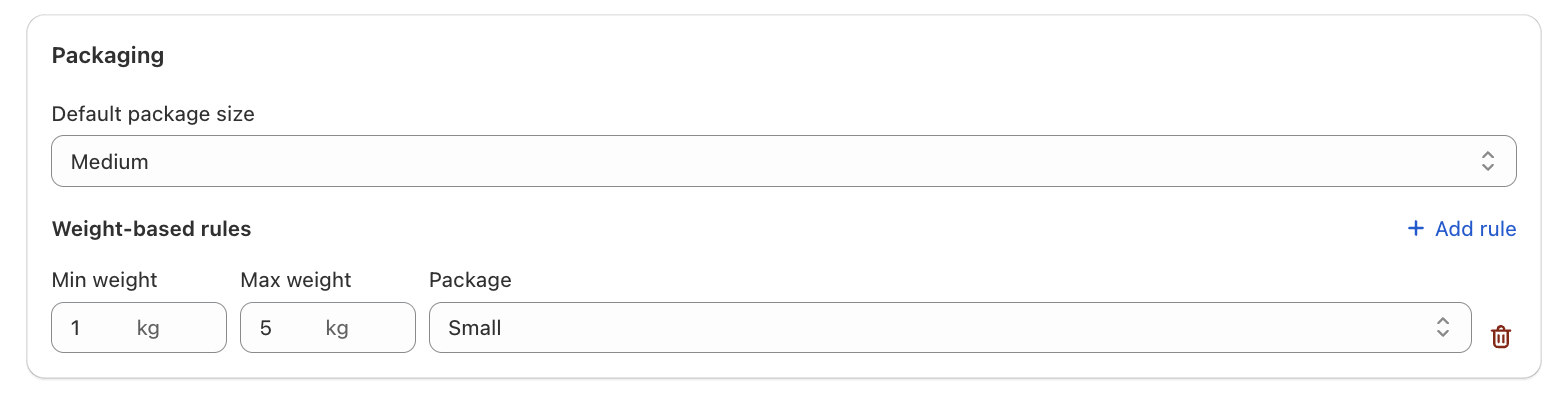 Default package size and weight-based rules