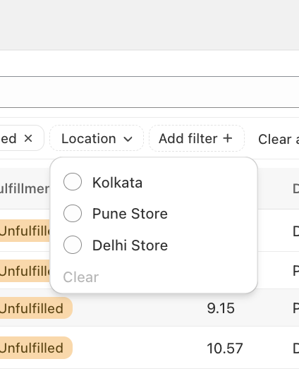 Shows the Location filter with radio buttons listing individual store locations