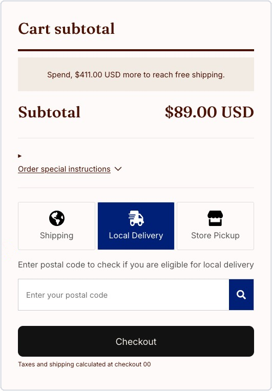 Bird widget with Shipping, Local Delivery and Store Pickup above the checkout button on a Pesto theme cart