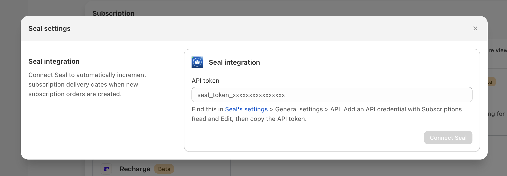 Seal settings in Bird with the API token field and the Connect Seal button