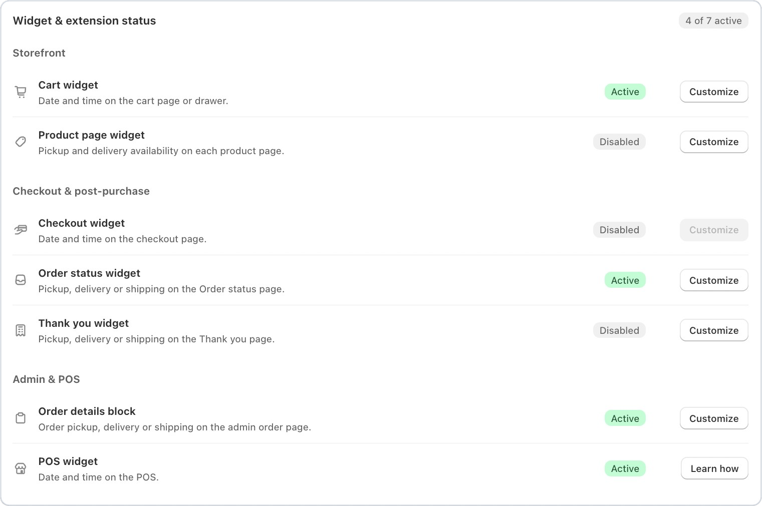 Widget & extension status card on the Bird home page showing which widgets and blocks are active