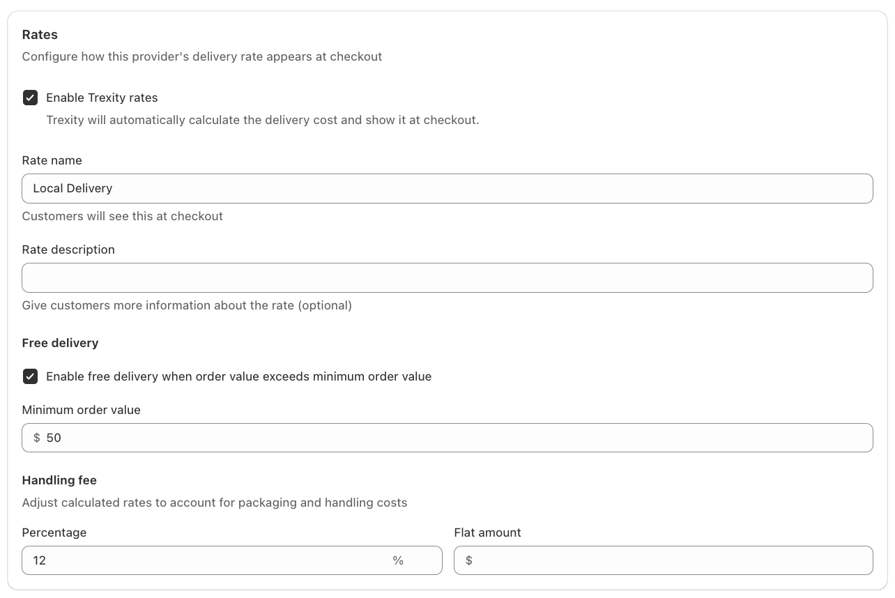 Example of Trexity rates configured with a rate name, free delivery and a handling fee