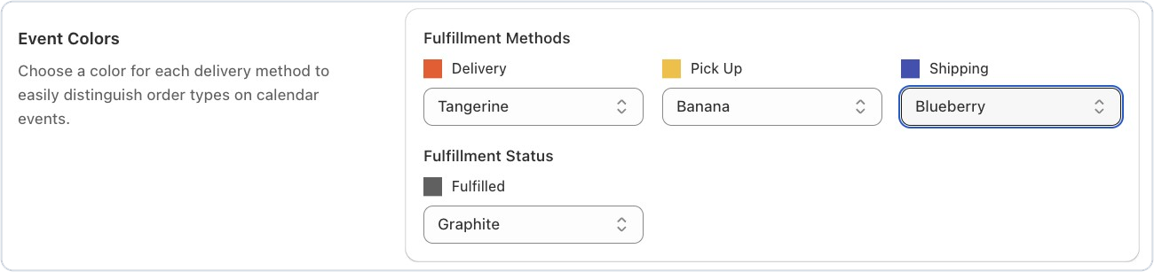 Event colors in Bird's Google Calendar settings, with a color for delivery, pickup, shipping and fulfilled orders