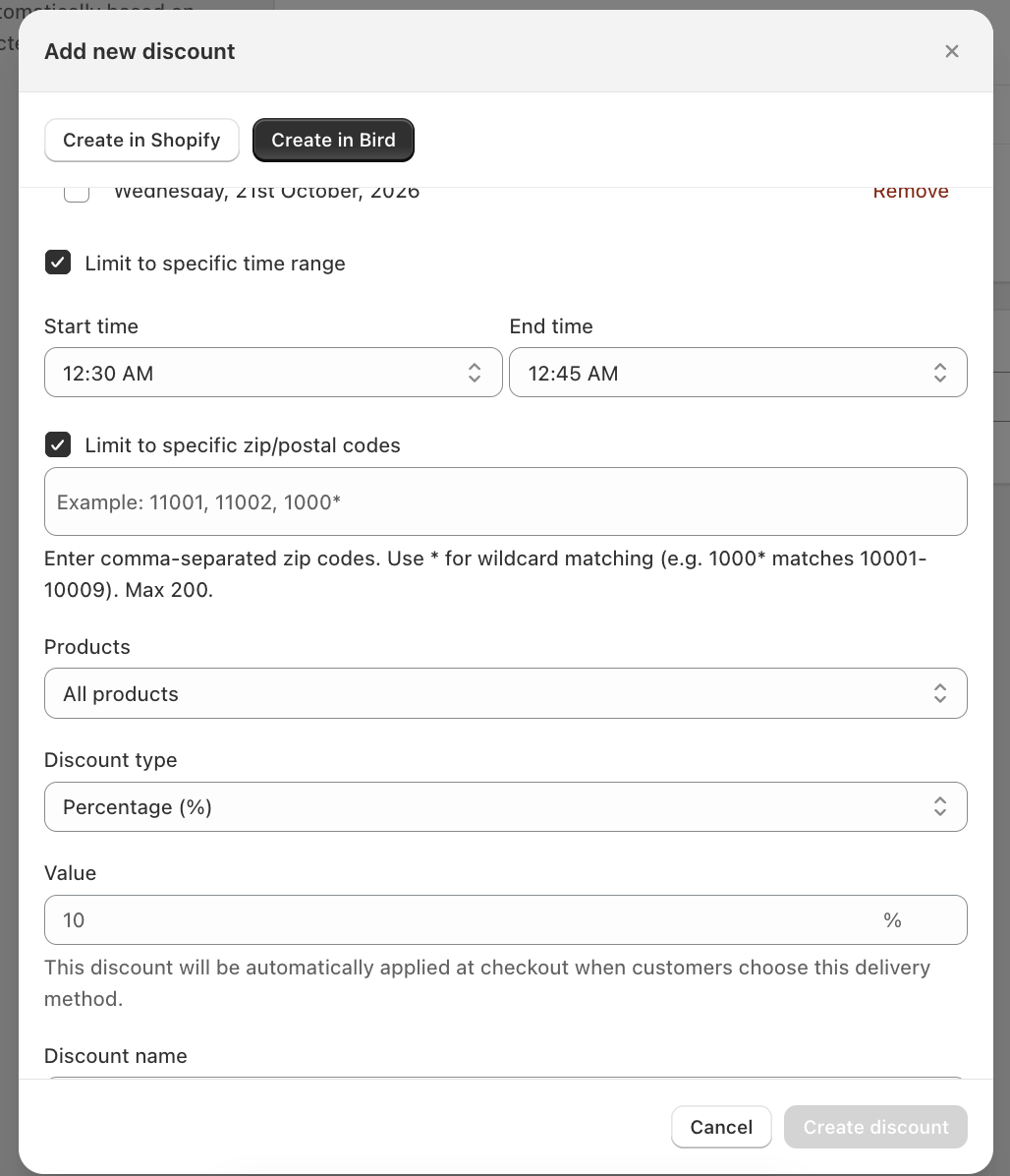 Limit to specific zip/postal codes checked, with the zip code box and its help text about commas and wildcards