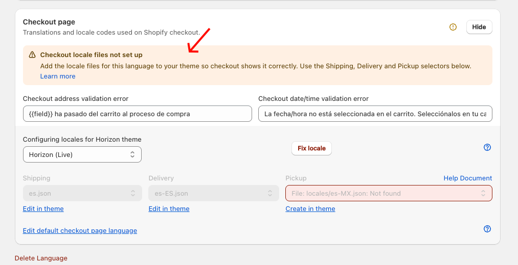 Expanded Checkout page section with the warning icon on its header and the Checkout locale files not set up banner inside