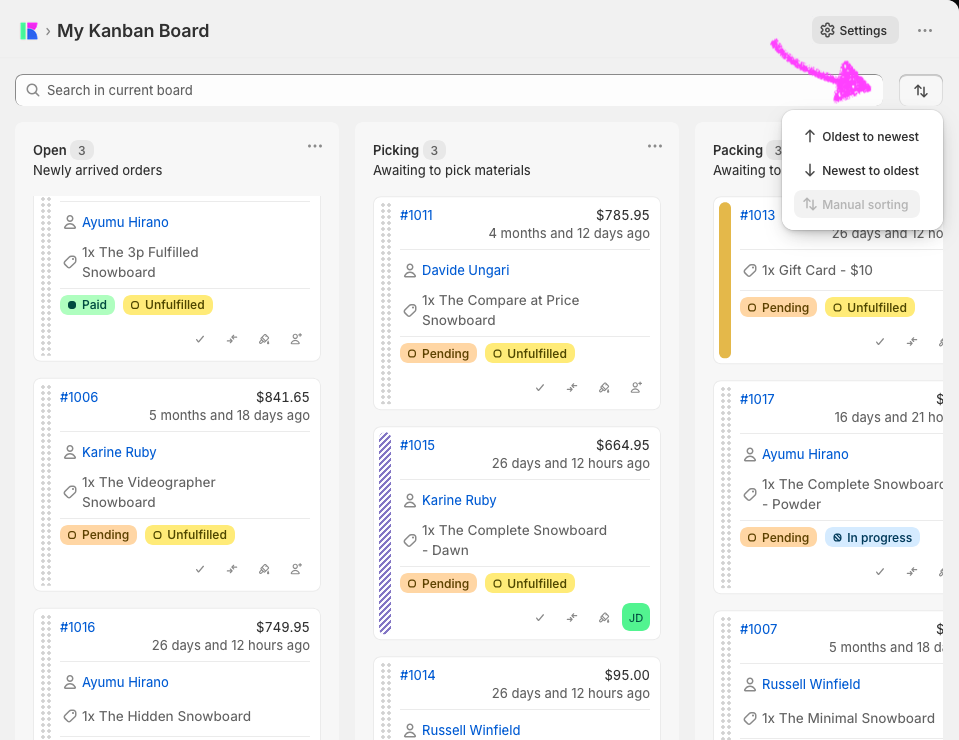 The sort menu in the board toolbar
