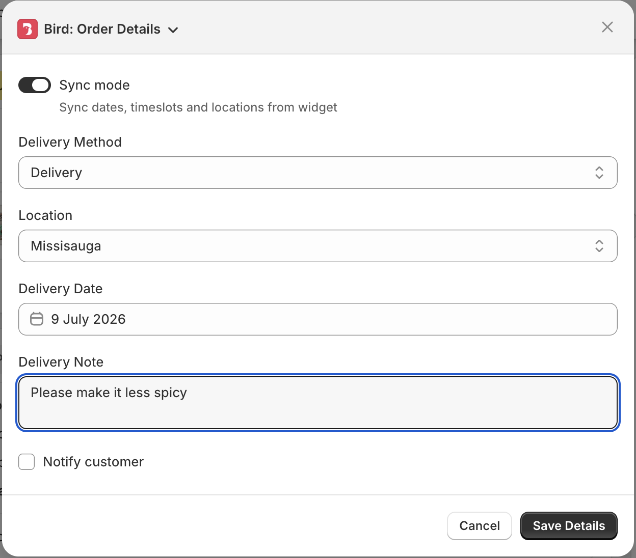 Improved order edit modal in the Shopify admin with correctly ordered fields