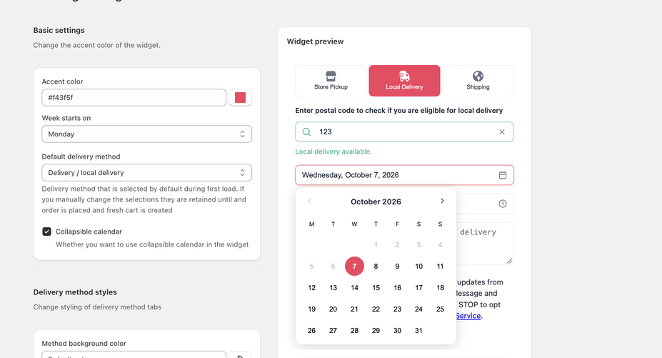 Collapsible calendar turned on: the customer clicks the date field and the calendar opens below it, with weeks starting on Monday