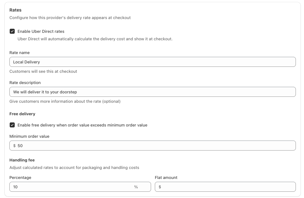 Configure Uber Direct rate name, free delivery threshold, and handling fee