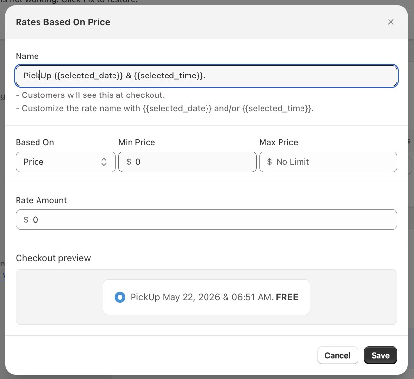 Live preview of a shipping rate name showing the formatted pickup date and time