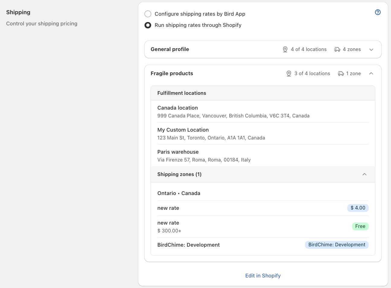 Rates preview with shipping zones collapsed to reduce clutter