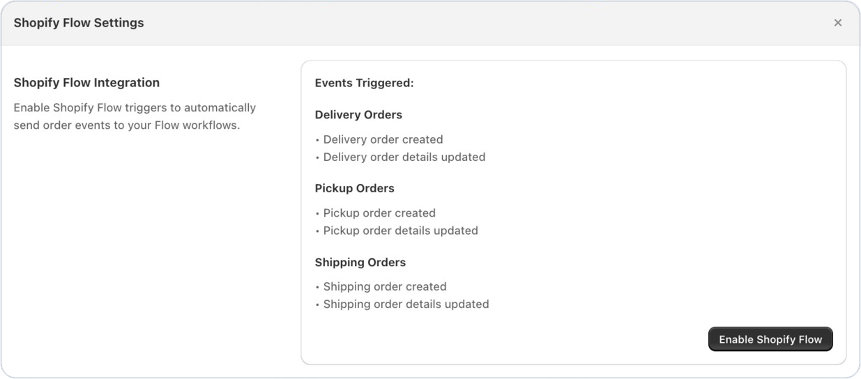 Shopify Flow settings in Bird listing the delivery, pickup and shipping order events