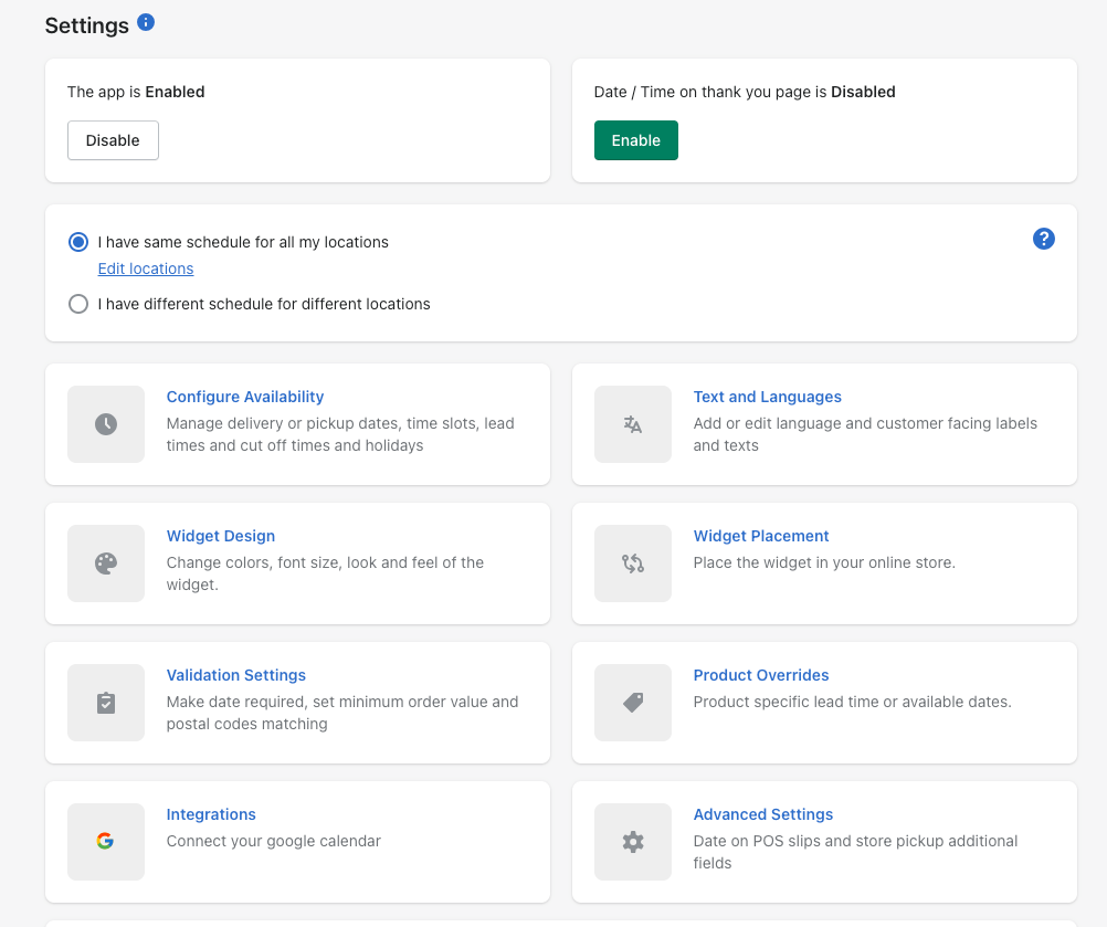 Bird app settings page with sections for availability, widget design, and more