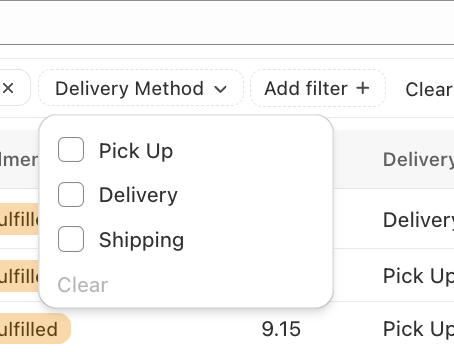 Shows the Delivery Method filter with checkboxes for Pick Up, Delivery, and Shipping