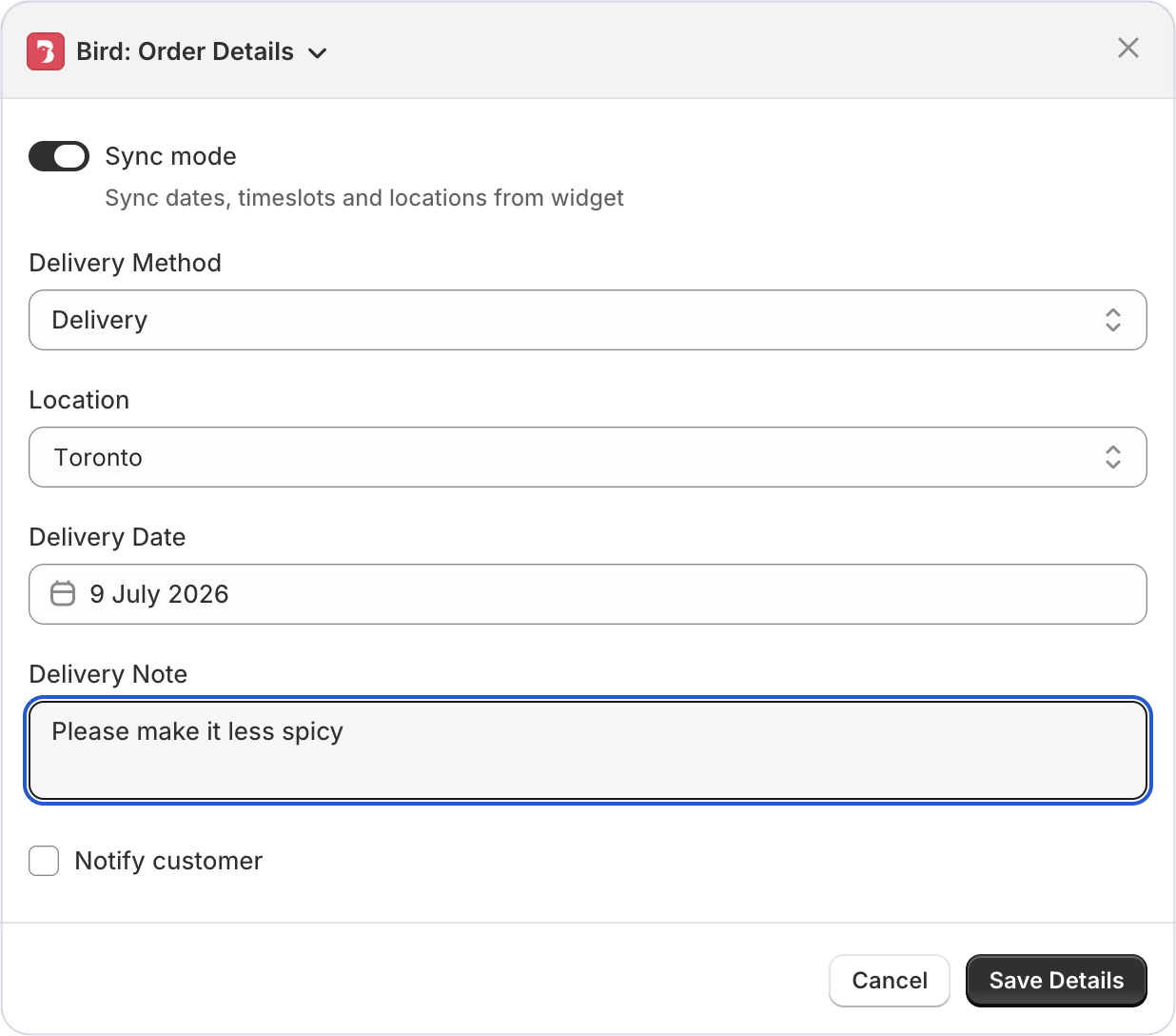 Bird: Order Details panel in Shopify admin with delivery method, location, date and note