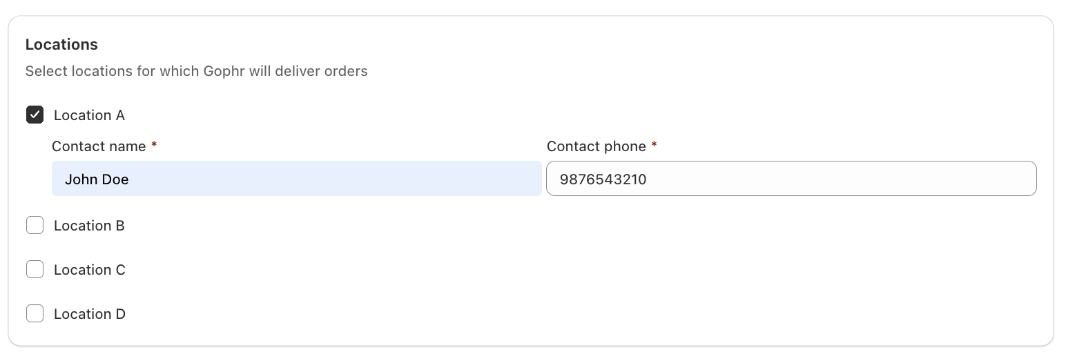 Shows a location ticked for Gophr with its contact name and phone filled in