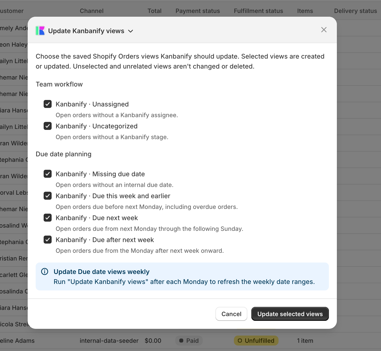 Kanbanify Update Views dialog