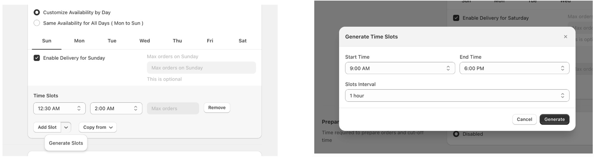 Availability settings generating sequential time slots automatically