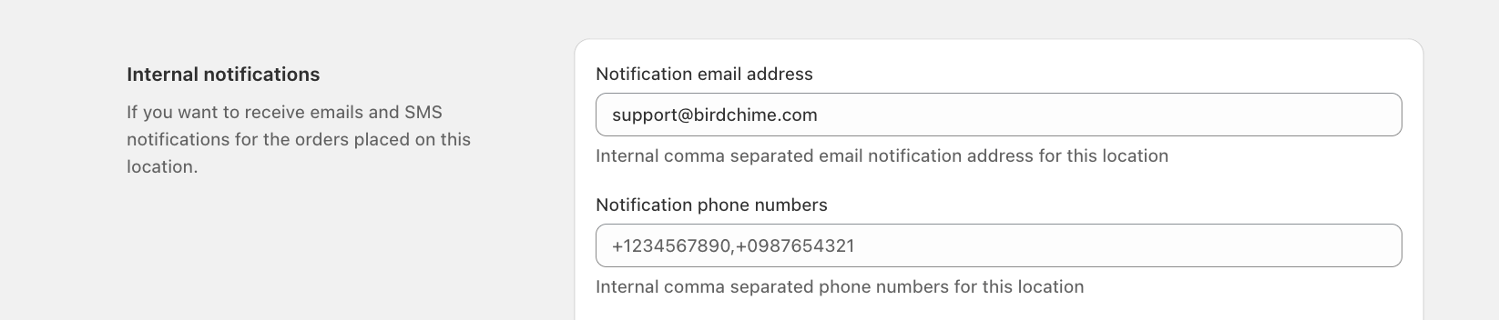 Internal Notifications section with a Notification phone numbers field, comma-separated