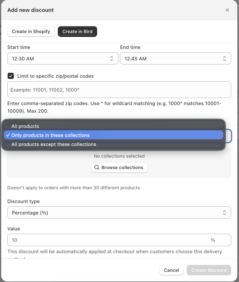 Products dropdown open with All products, Only products in these collections and All products except these collections, above the Browse collections button