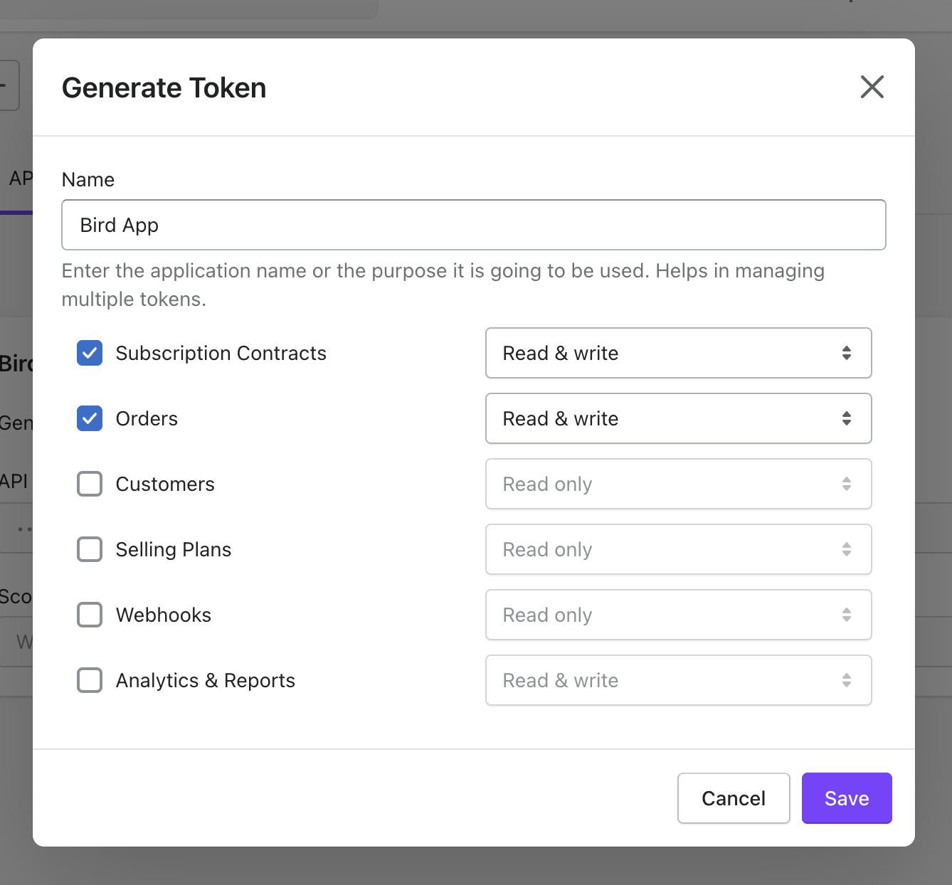 Loop Generate Token window with Subscription Contracts and Orders set to Read & write