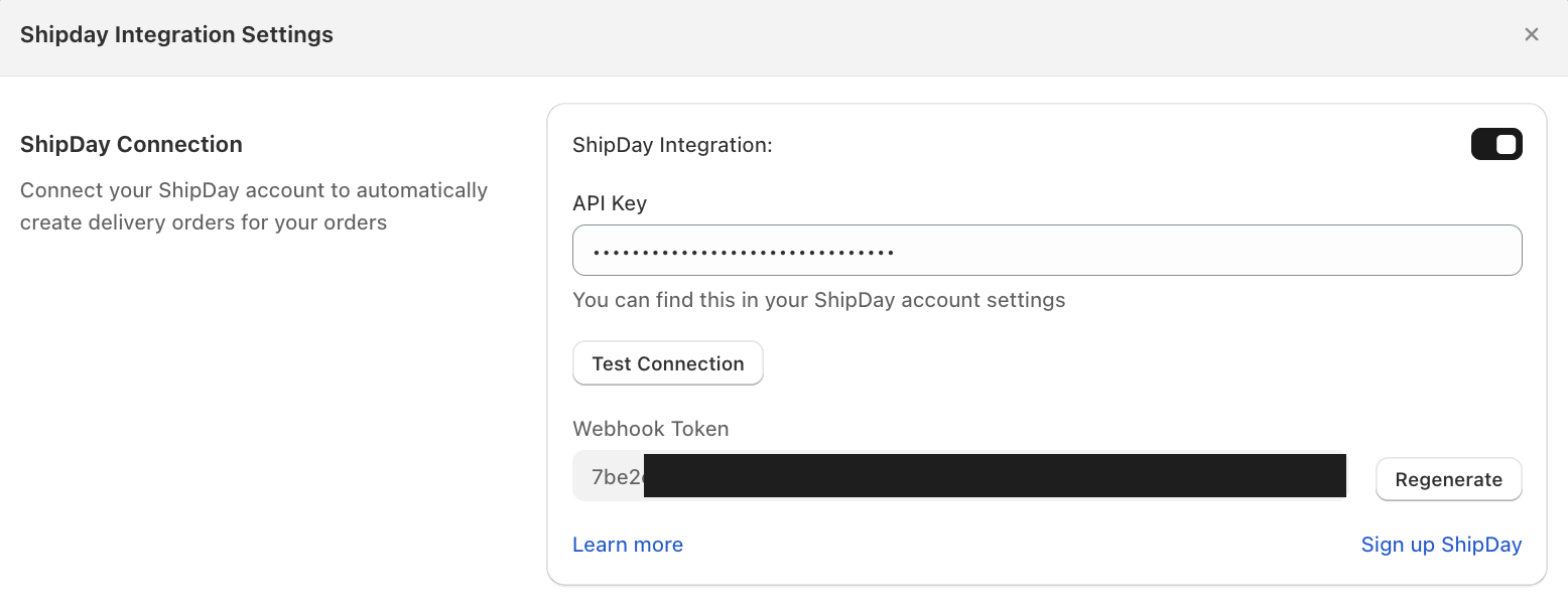 Shipday Integration Settings showing the Webhook Token field (first 4 characters shown, rest hidden)