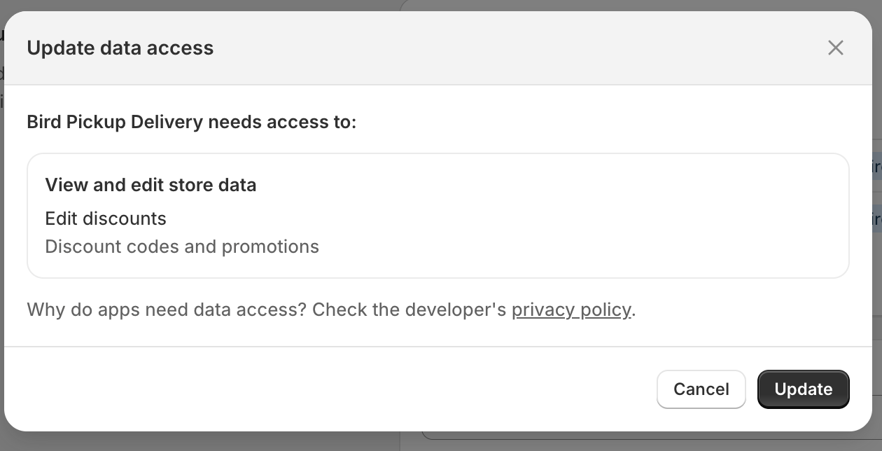 Update data access permission dialog in Bird App
