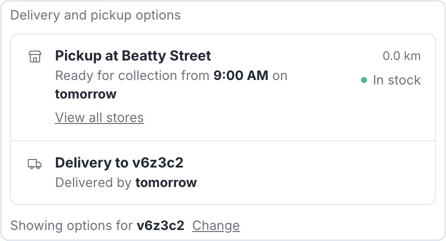 Bird product page widget showing pickup at Beatty Street tomorrow and delivery by tomorrow for a Vancouver postal code