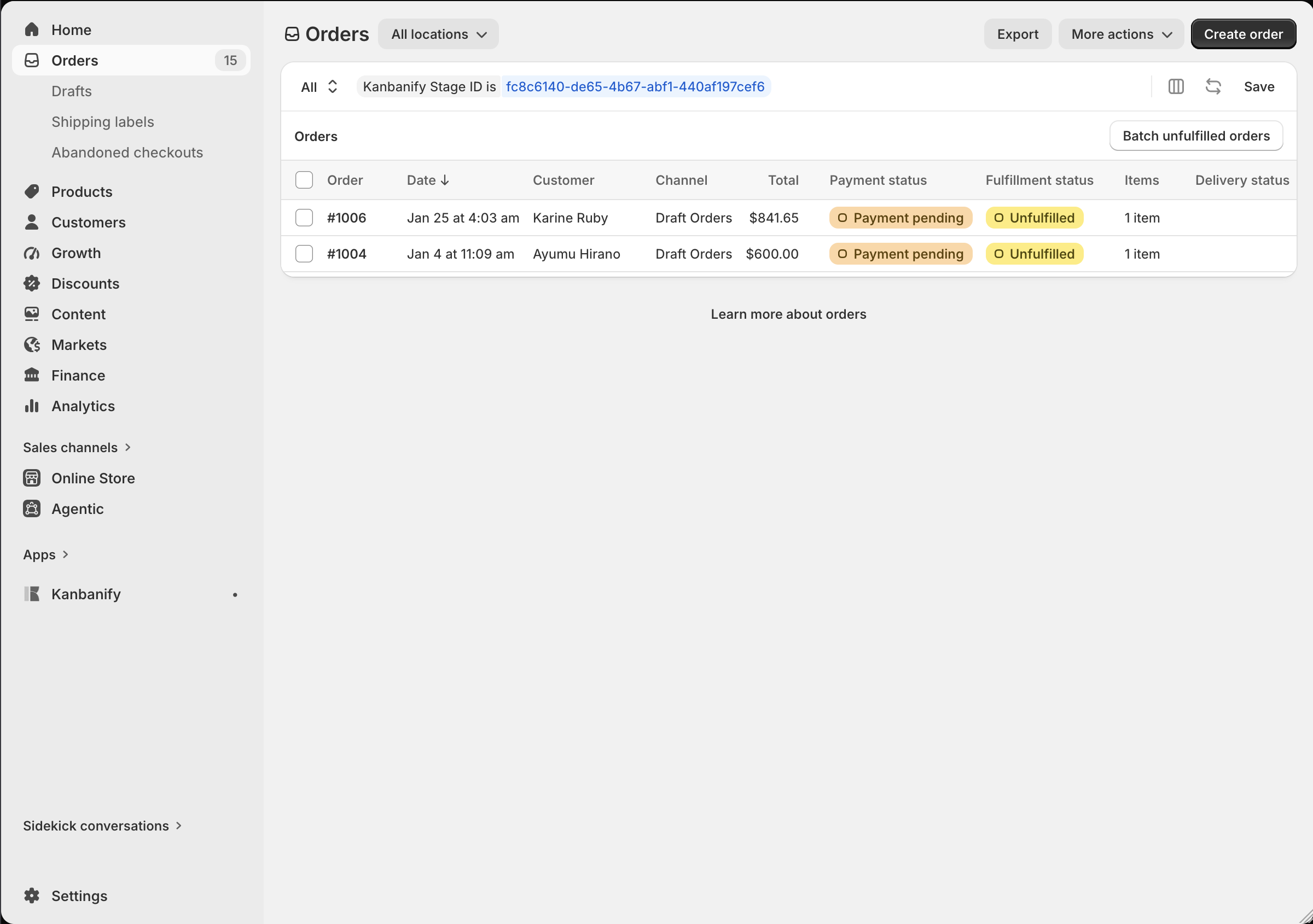 The filtered Shopify Orders list