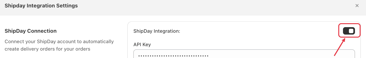 Shipday Integration Settings with the ShipDay Integration toggle highlighted