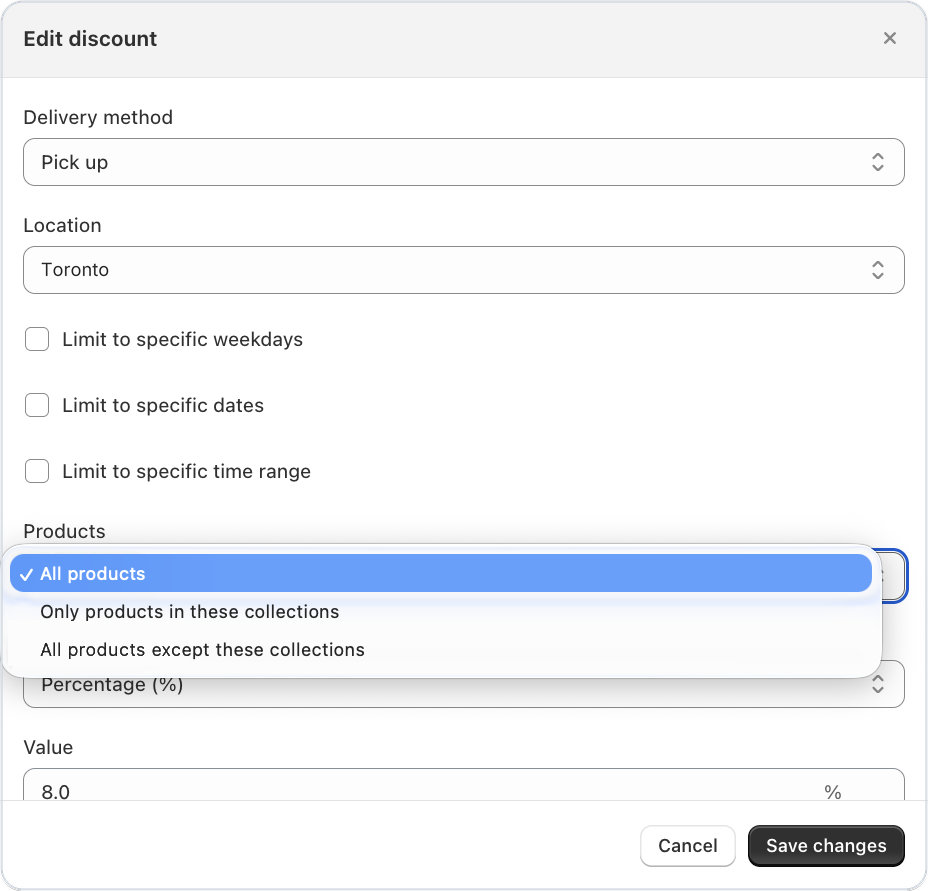 Products field in a Bird discount showing the two collection options