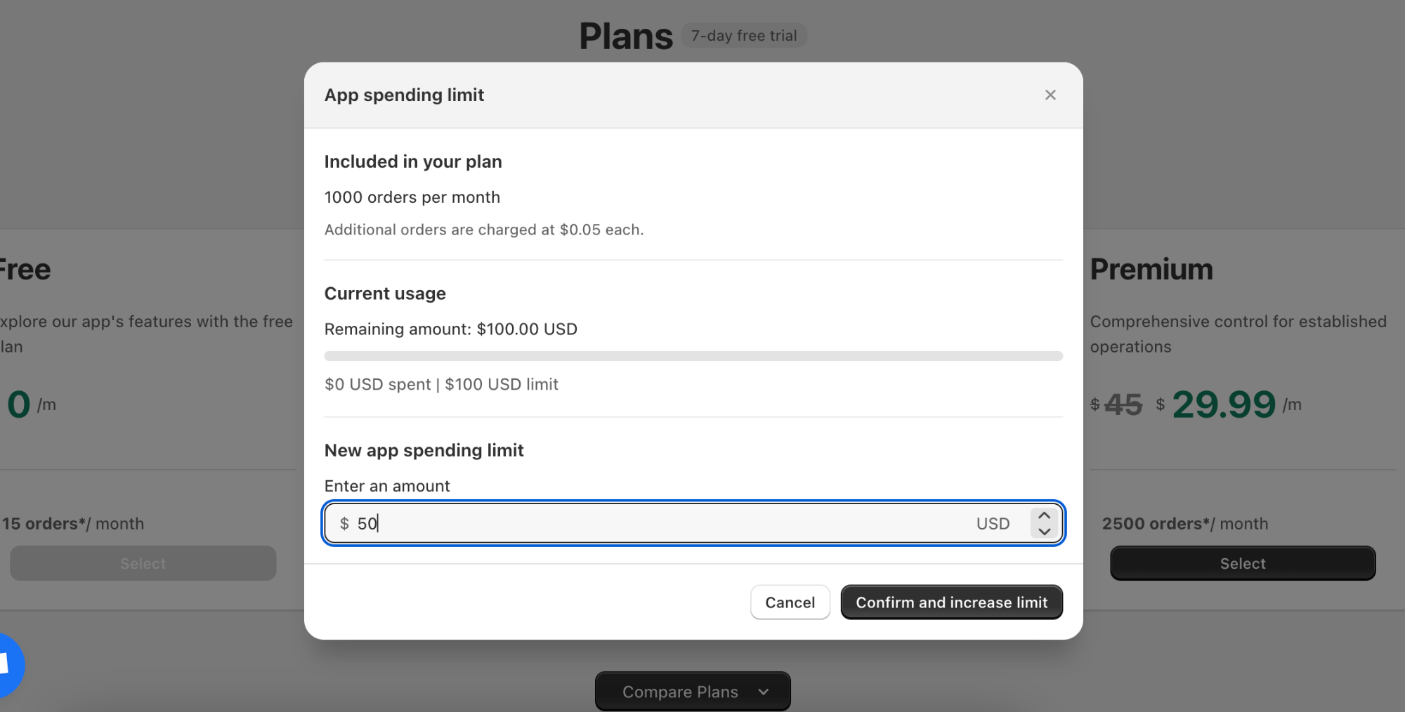 App spending limit modal for setting a monthly overage cap