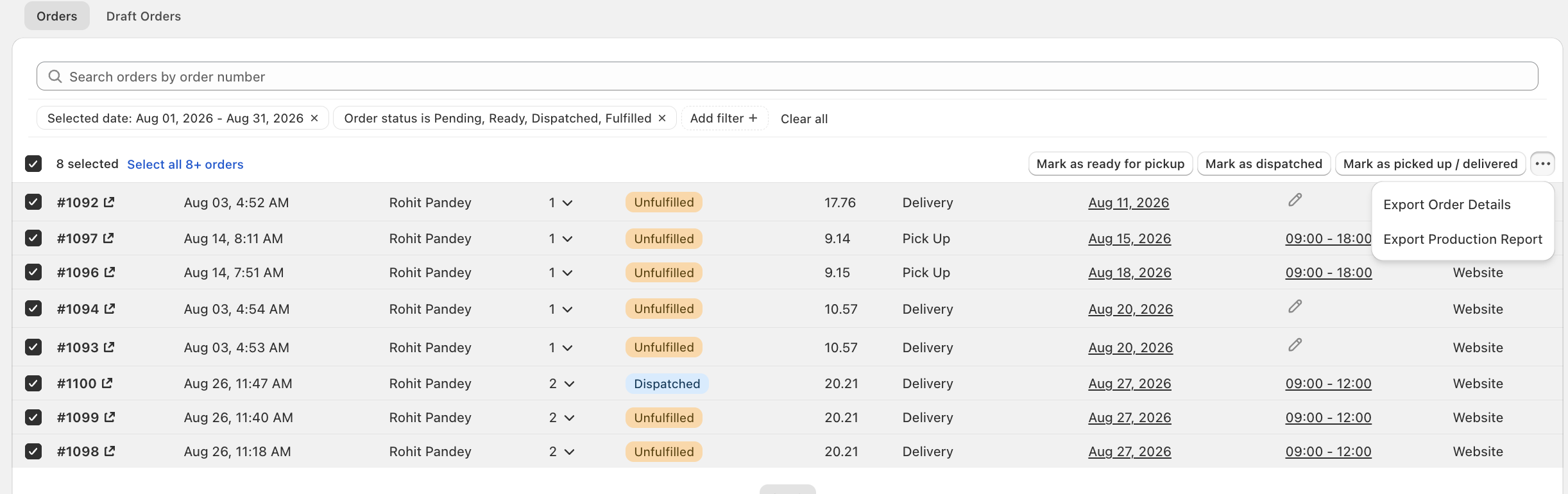Shows all orders selected in the list view with the bulk action bar and the Export Order Details and Export Production Report menu open