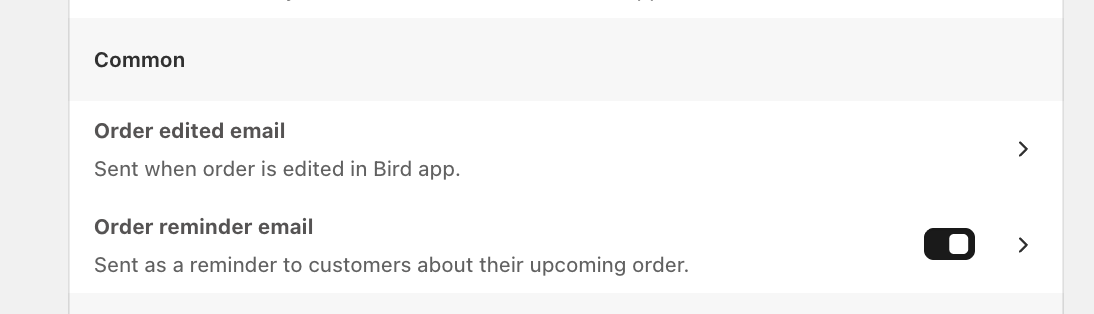 Order reminder email toggle turned on in the Common group of Customer notifications