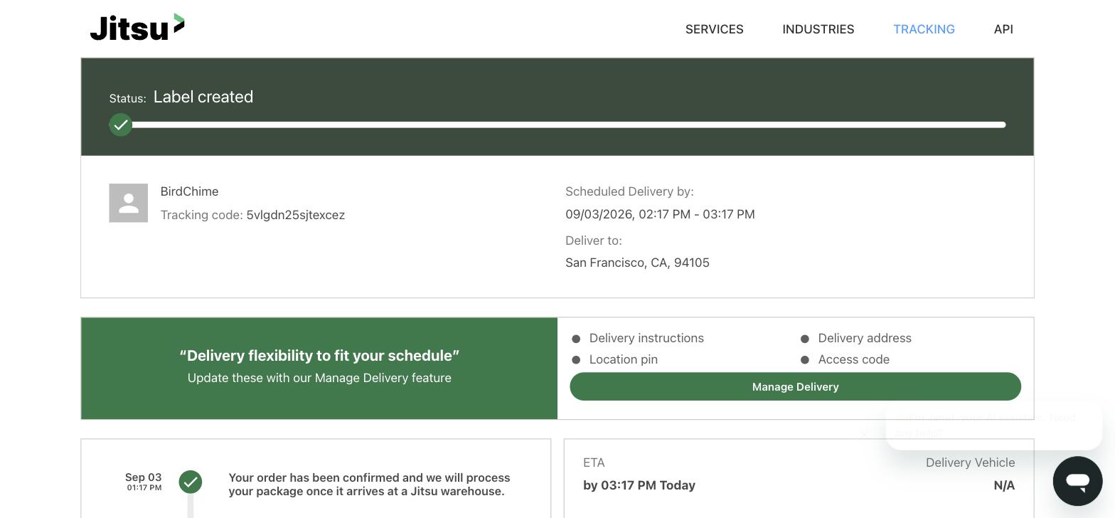 Jitsu's live tracking page, showing delivery status, tracking code, and scheduled delivery window