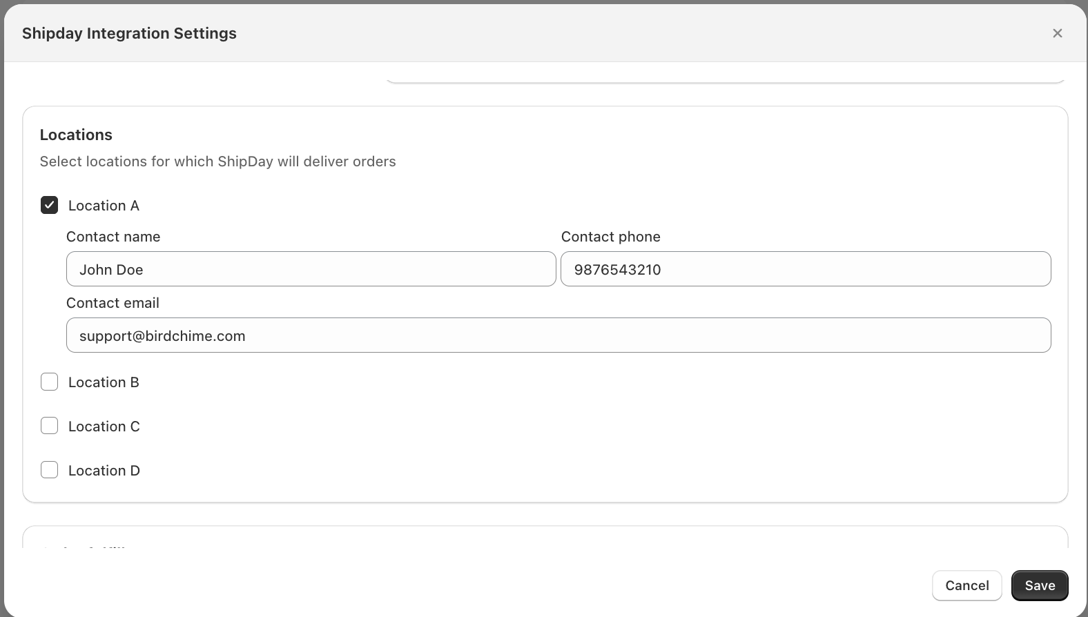 Locations panel with one location ticked, showing Contact name, Contact phone, and Contact email fields