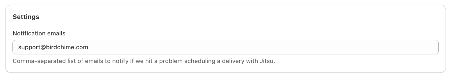 Notification emails field in the Jitsu Settings panel