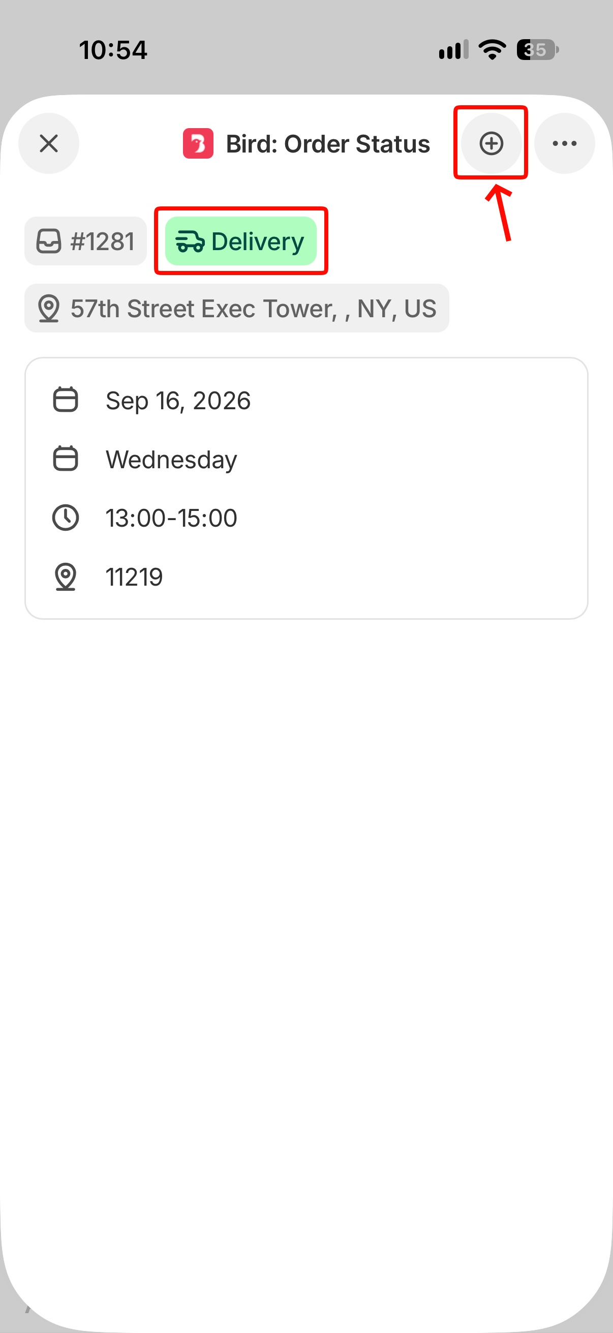 Bird Order Status window in the Shopify mobile app, with the circled plus icon in the title bar highlighted