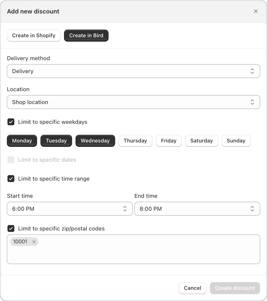 Add new discount form in Bird with weekdays, a time range and a zip code chosen