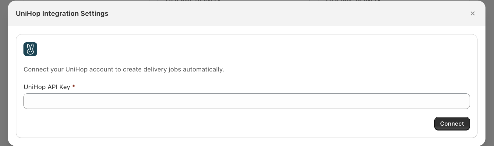 UniHop Integration Settings modal with an empty API key field and a Connect button