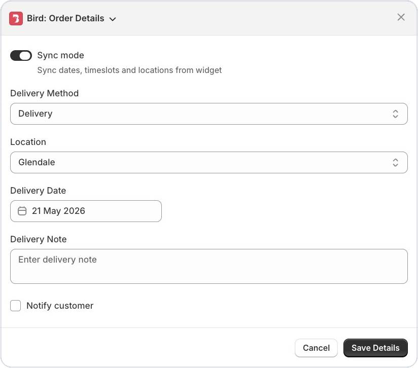 Bird: Order Details panel in Shopify admin with Sync mode turned on