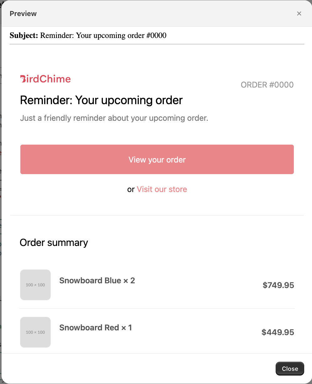 Preview of the order reminder email with the subject line, View your order button and order summary