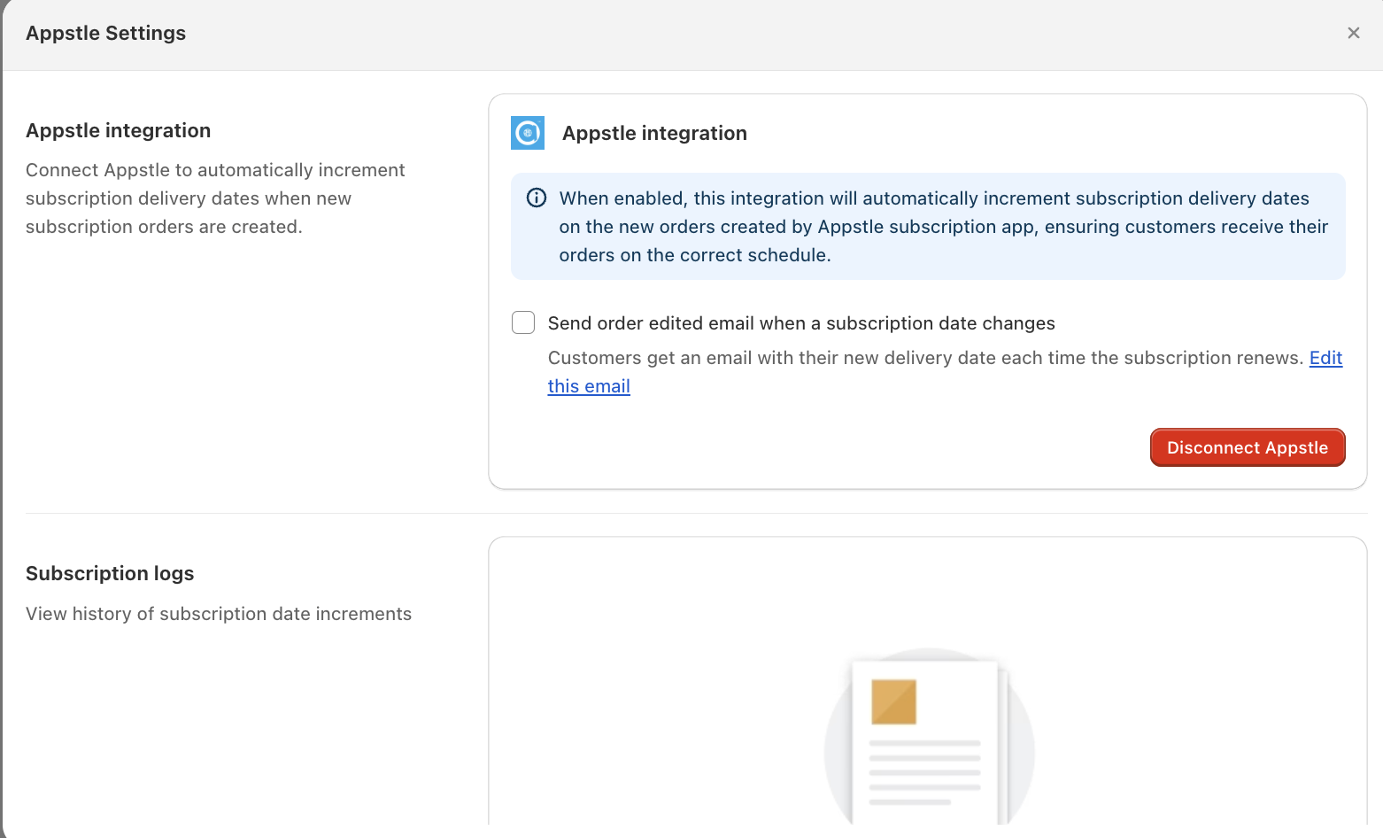 Appstle Settings after connecting, with the Send order edited email checkbox and Disconnect Appstle button