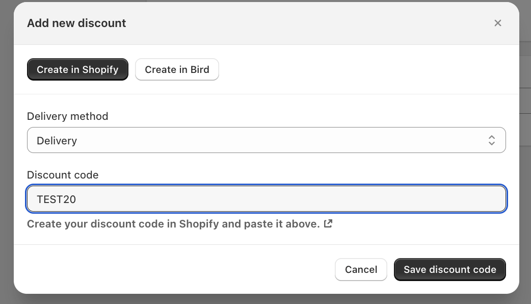 Add new discount form with Create in Shopify selected, Delivery as the method and a discount code entered
