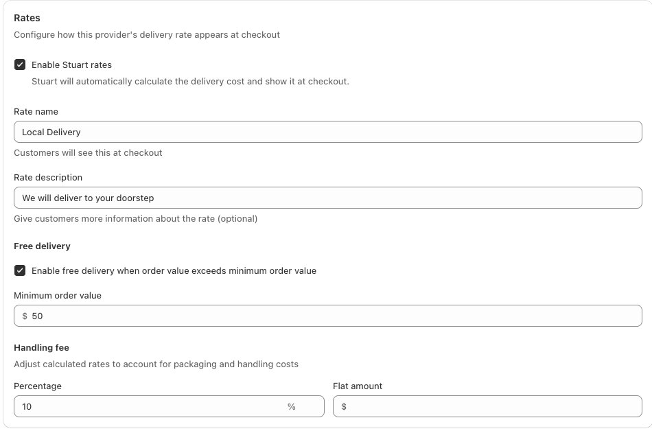 Configure Stuart rate name, free delivery threshold, and handling fee