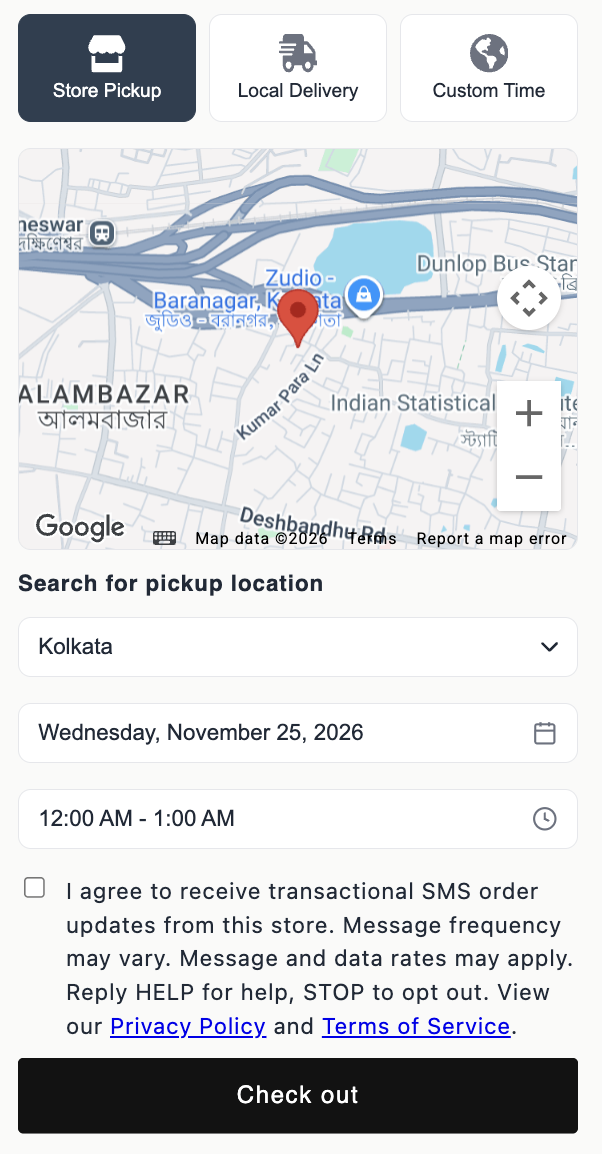 Current widget on the live cart page, showing Store Pickup, Local Delivery, and Custom Time tabs