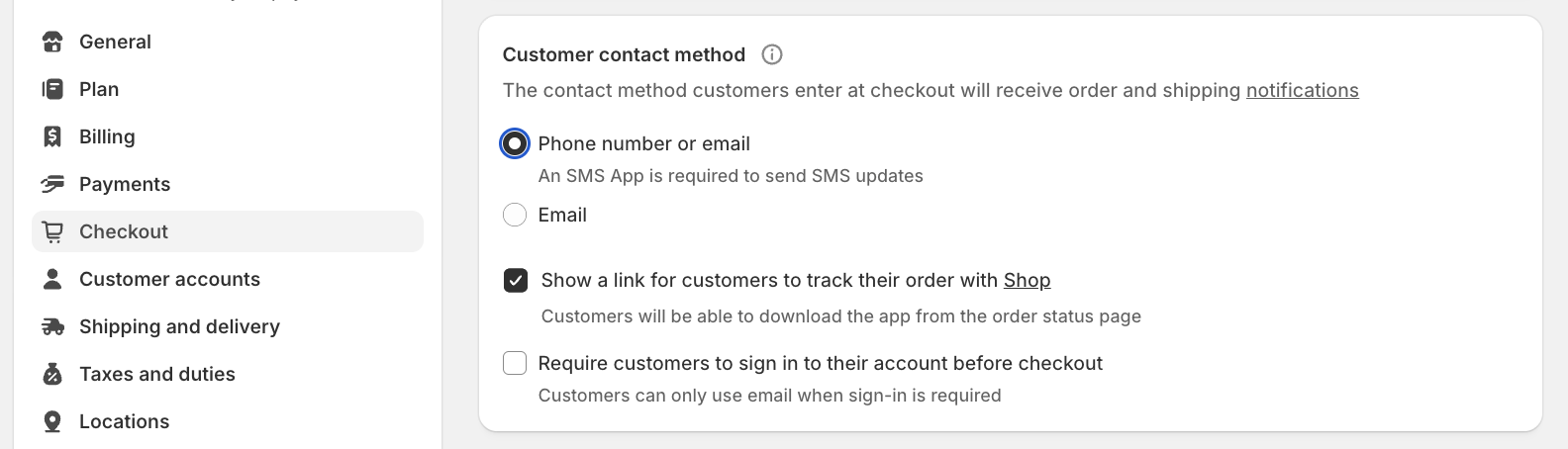 Shopify Checkout settings showing Customer contact method set to Phone number or email